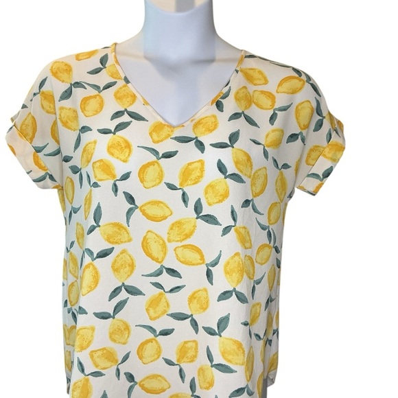 Pink Rose Lemon Print Blouse V-Neck Cuffed Sleeve Yellow Tunic Top Large L - Picture 3 of 9